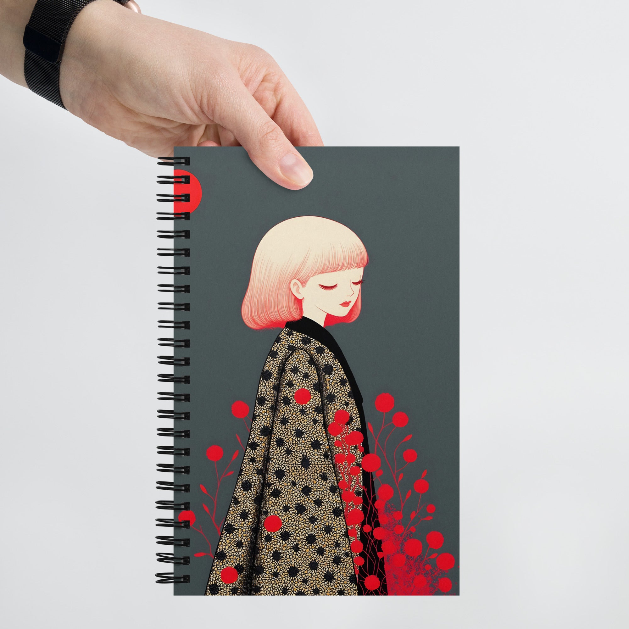 Carnet A5 MZelle Design, couverture illustrée recto et verso, portrait poétique de jeune fille blonde sur fond gris et fleurs rouges