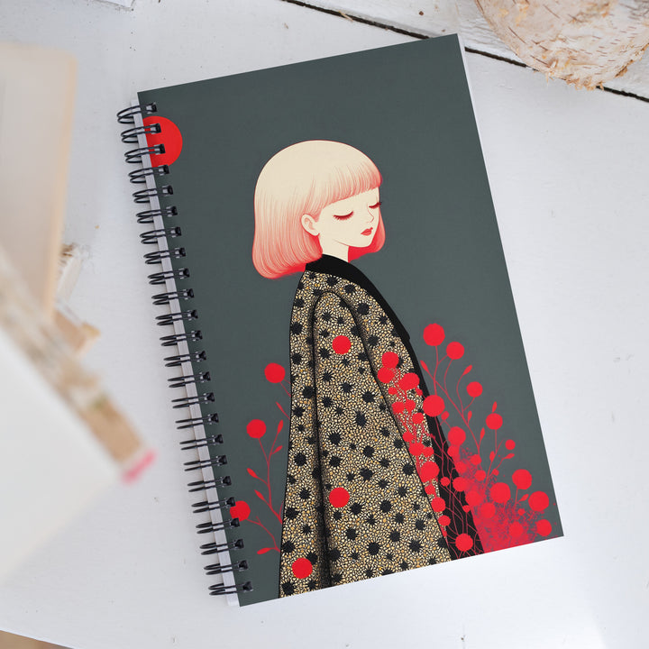 Carnet A5 MZelle Design, couverture illustrée recto et verso, portrait poétique de jeune fille blonde sur fond gris et fleurs rouges