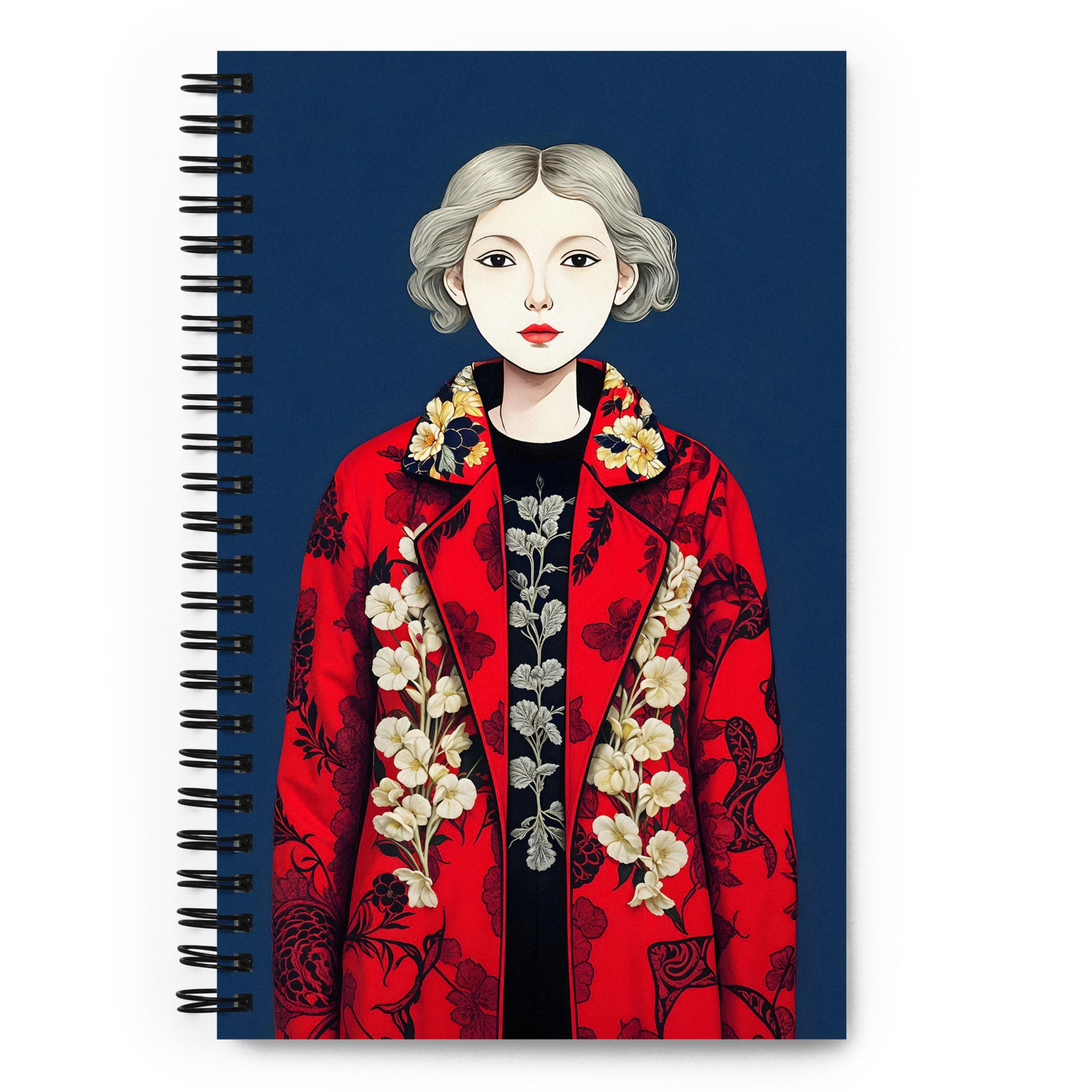 Carnet à spirale A5 MZelle design silhouette féminine blonde avec un Manteau rouge sur fond bleu marine