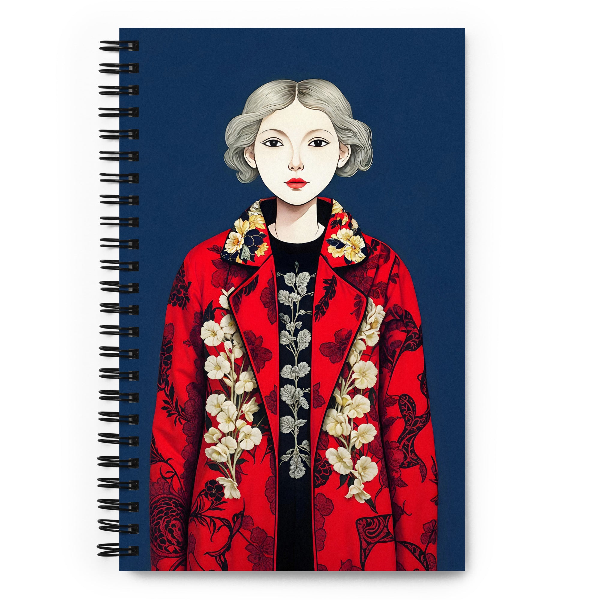 Carnet à spirale A5 MZelle design silhouette féminine blonde avec un Manteau rouge sur fond bleu marine