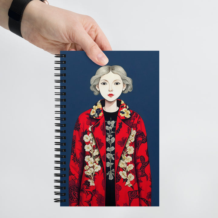 Carnet à spirale A5 MZelle design silhouette féminine blonde avec un Manteau rouge sur fond bleu marine