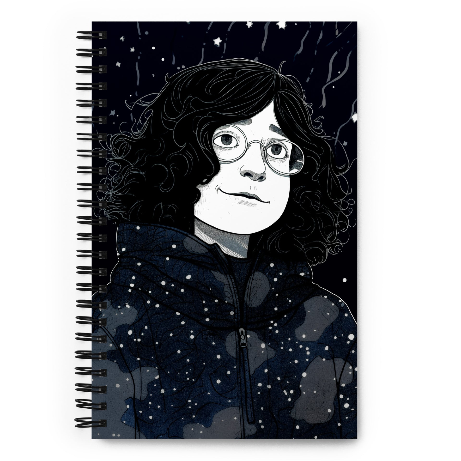 Carnet à spirale A5 illustration de West Kast, personnage à lunettes sous la neige, beau graphisme moderne, fond noir et gris