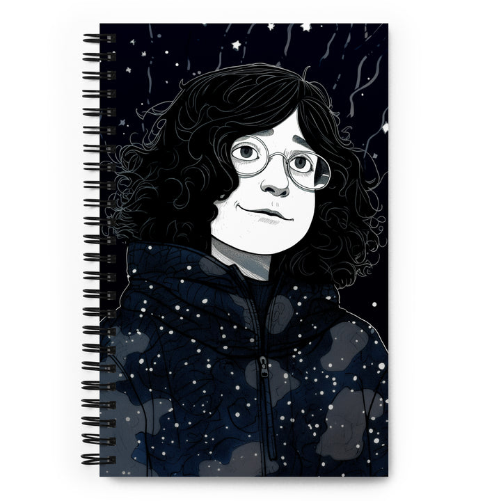 Carnet à spirale A5 illustration de West Kast, personnage à lunettes sous la neige, beau graphisme moderne, fond noir et gris