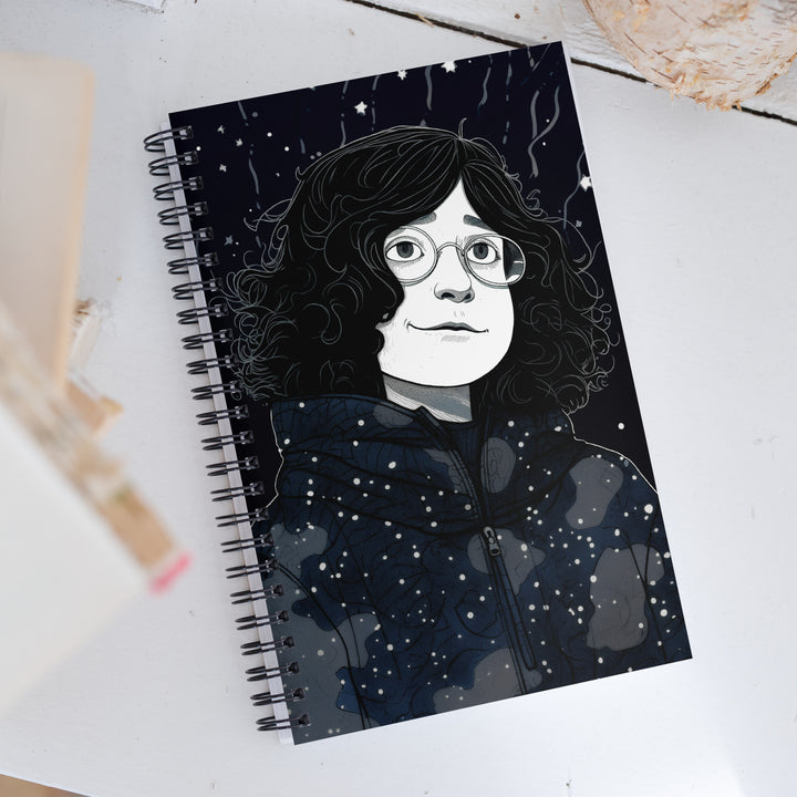 Carnet à spirale A5 illustration de West Kast, personnage à lunettes sous la neige, beau graphisme moderne, fond noir et gris