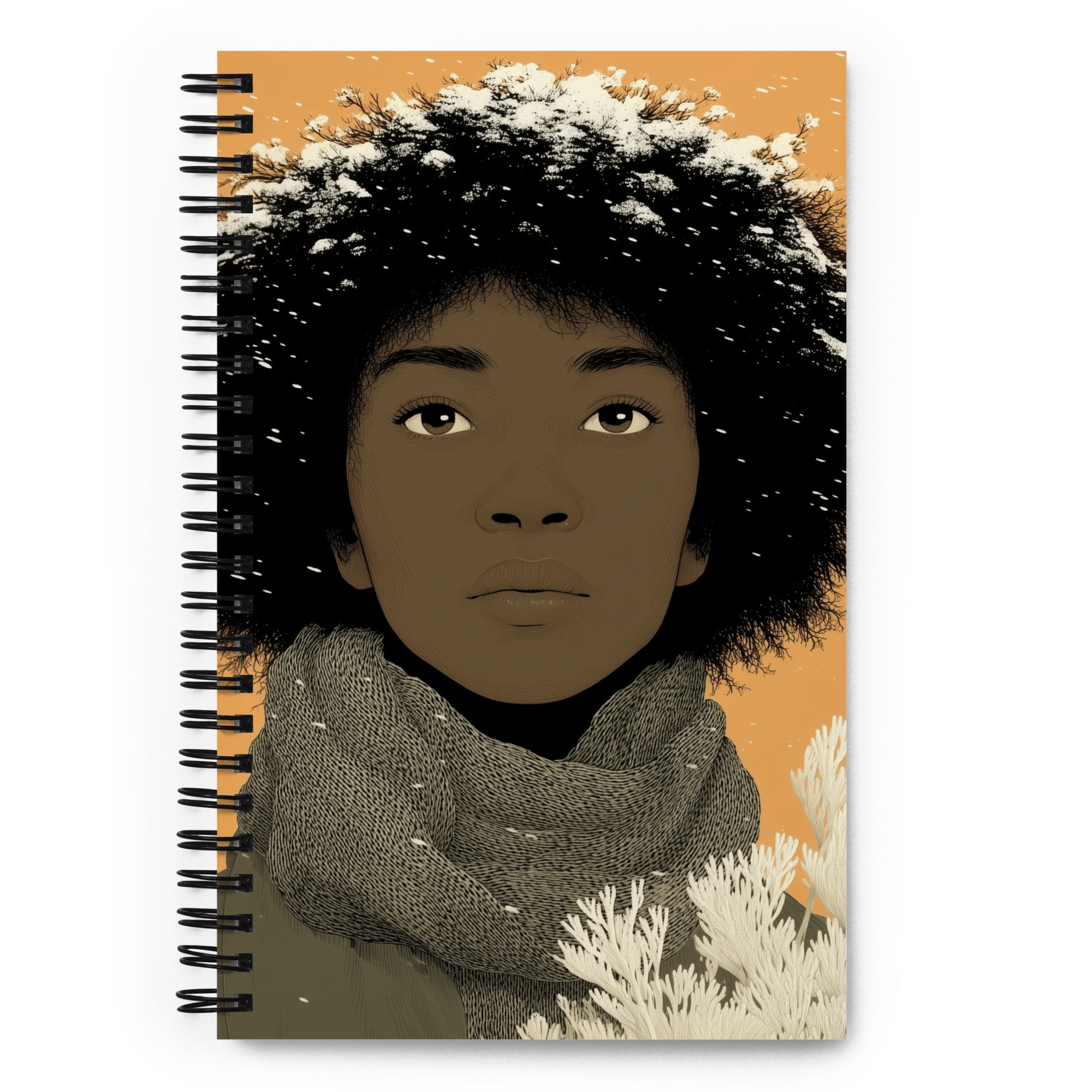 Carnet A5 Illustré par West Kast, style graphisme moderne, femme ethnique sous sous les flocons de neige, tons ocres et noirs