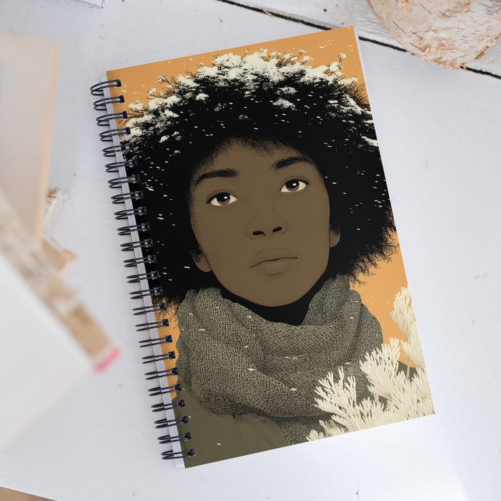 Carnet A5 Illustré par West Kast, style graphisme moderne, femme ethnique sous sous les flocons de neige, tons ocres et noirs
