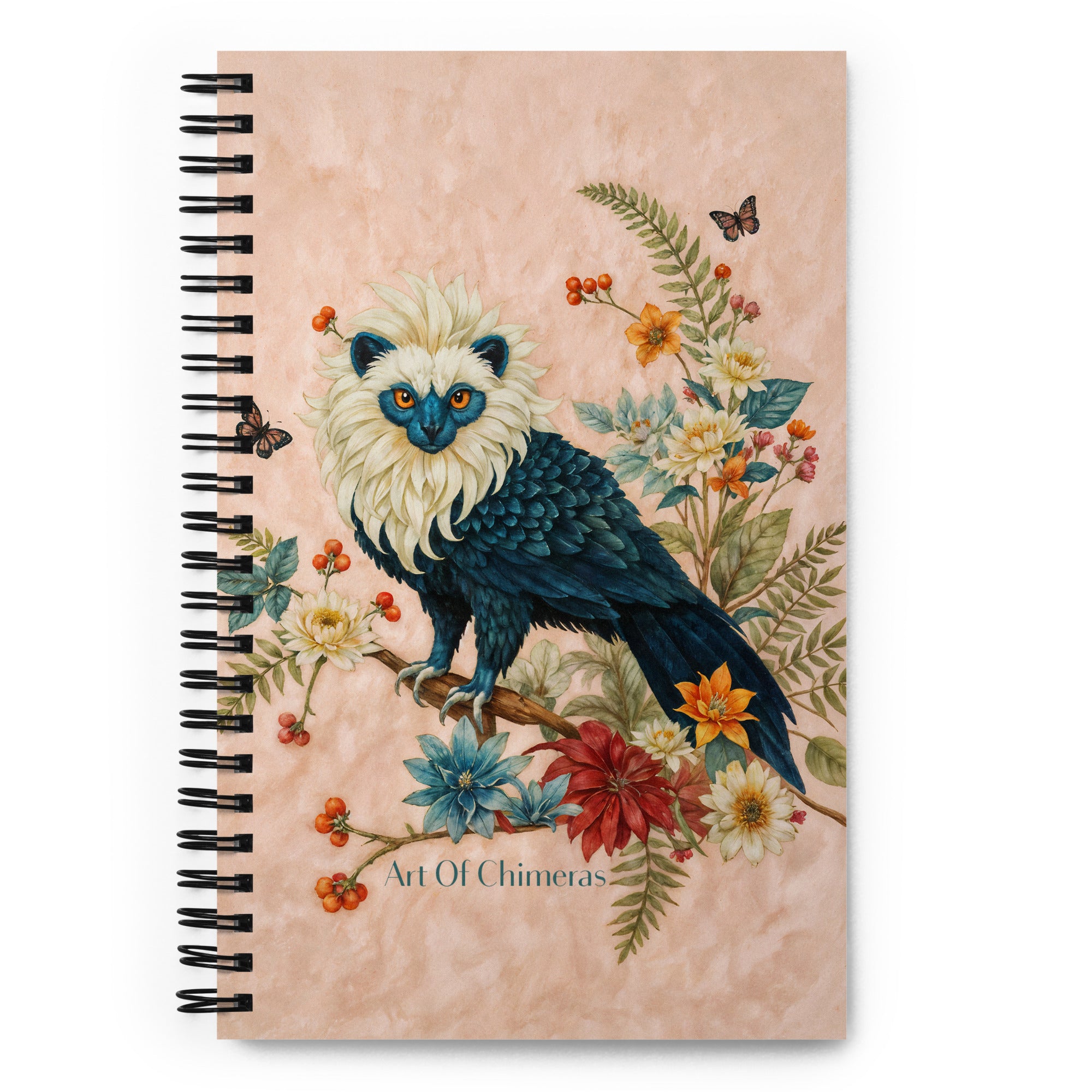Carnet haut de gamme Mzelle Design, motif original chimère animal fabuleux style naturaliste, effet aquarelle, fleurs et papillons.