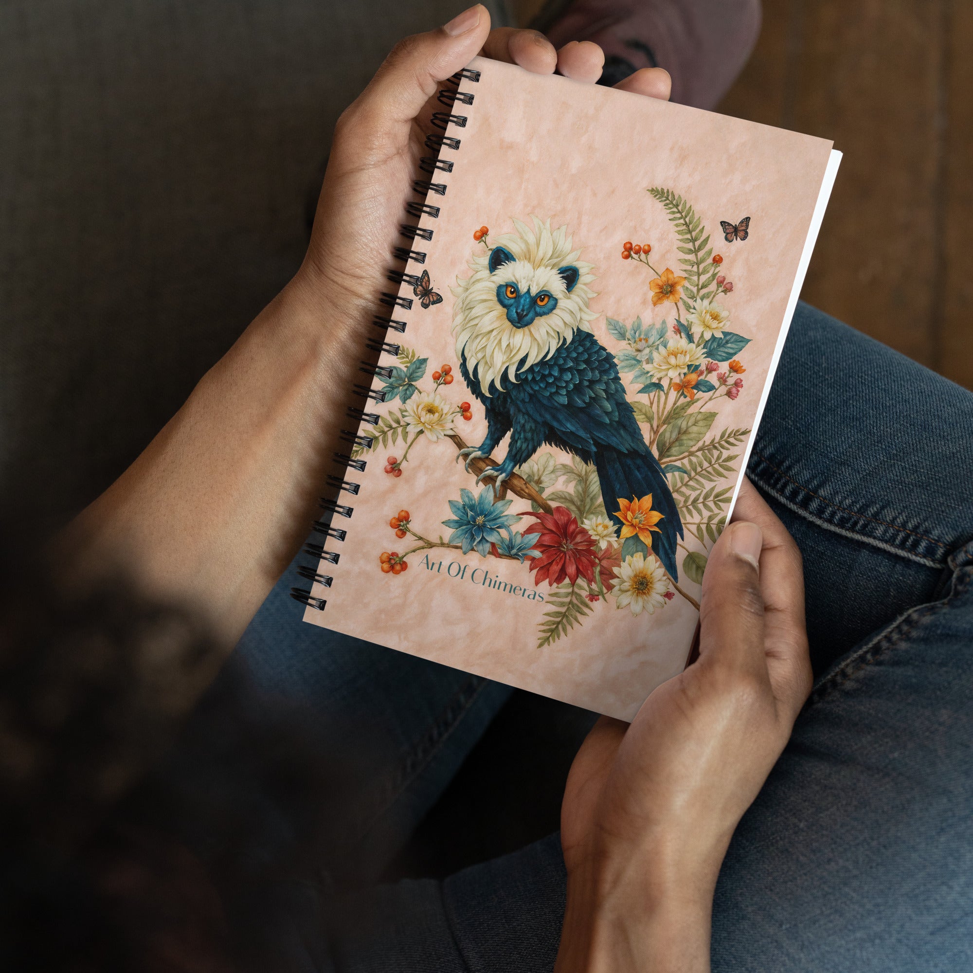 Carnet haut de gamme Mzelle Design, motif original chimère animal fabuleux style naturaliste, effet aquarelle, fleurs et papillons.