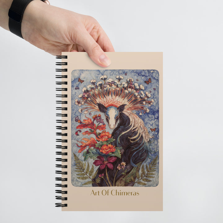 Carnet haut de gamme Mzelle Design, motif original chimère animal fabuleux style naturaliste, effet aquarelle, fleurs et papillons.