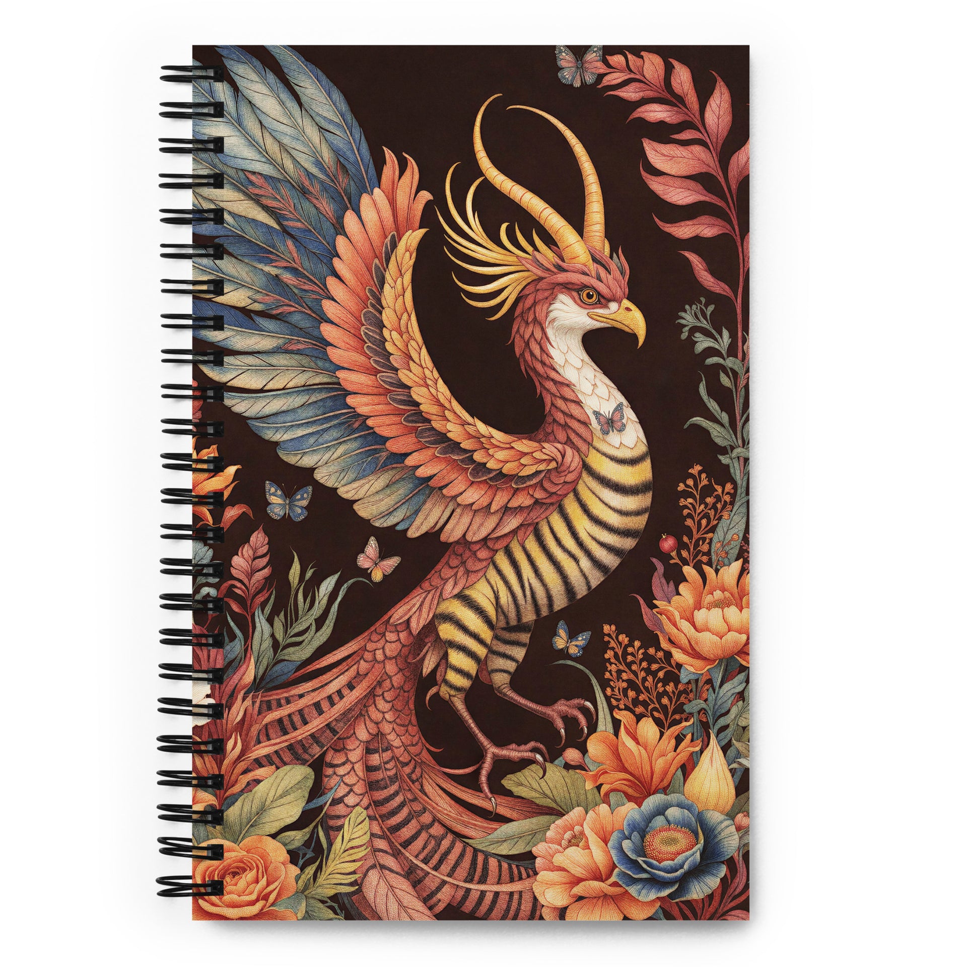 Carnet format A5 couverture illustrée haut de gamme Mzelle Design, motif original chimère animal fabuleux style naturaliste, effet aquarelle, fleurs et papillons.