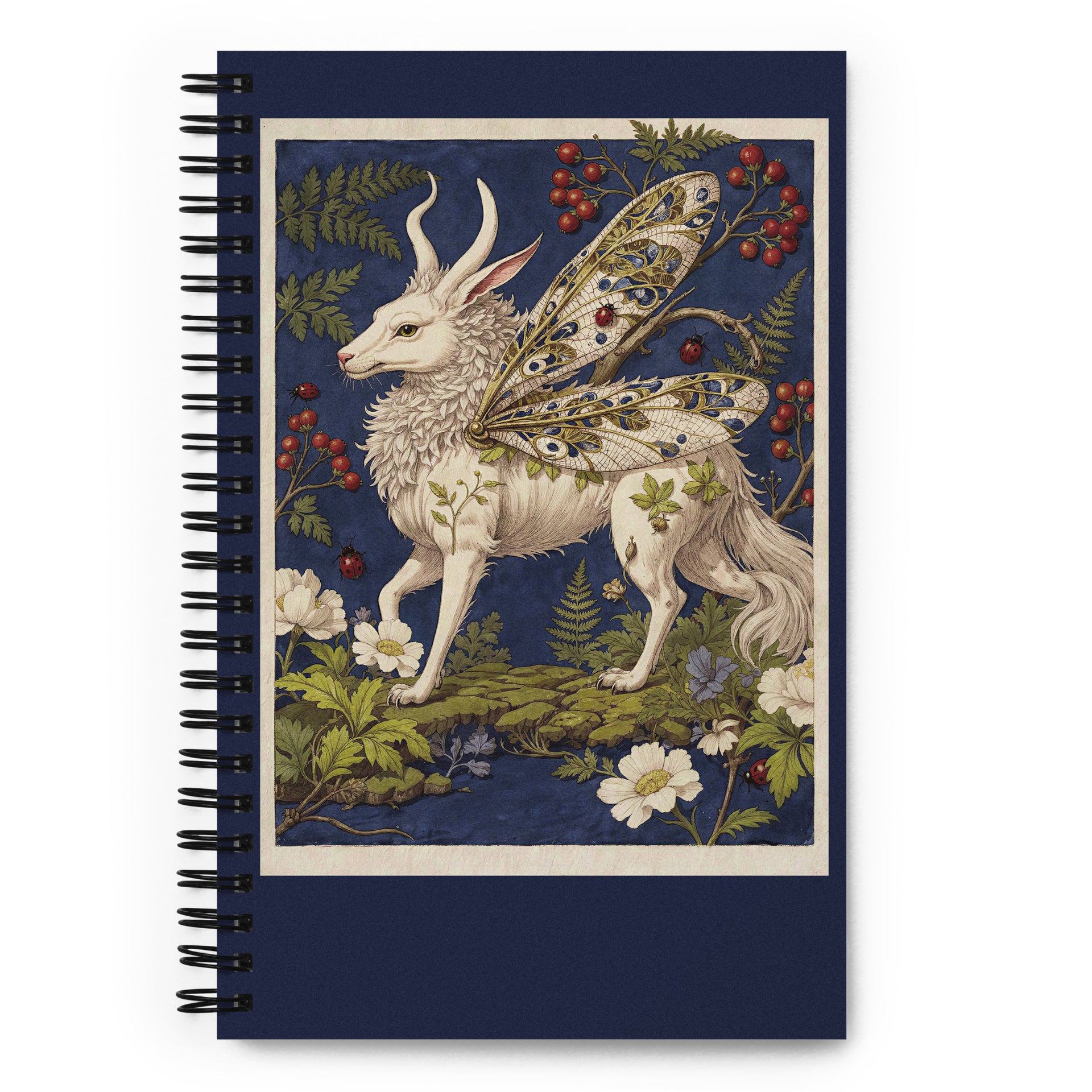 Carnet format A5 couverture illustrée haut de gamme Mzelle Design, motif original chimère animal fabuleux style naturaliste, effet aquarelle, fleurs et coccinelles.