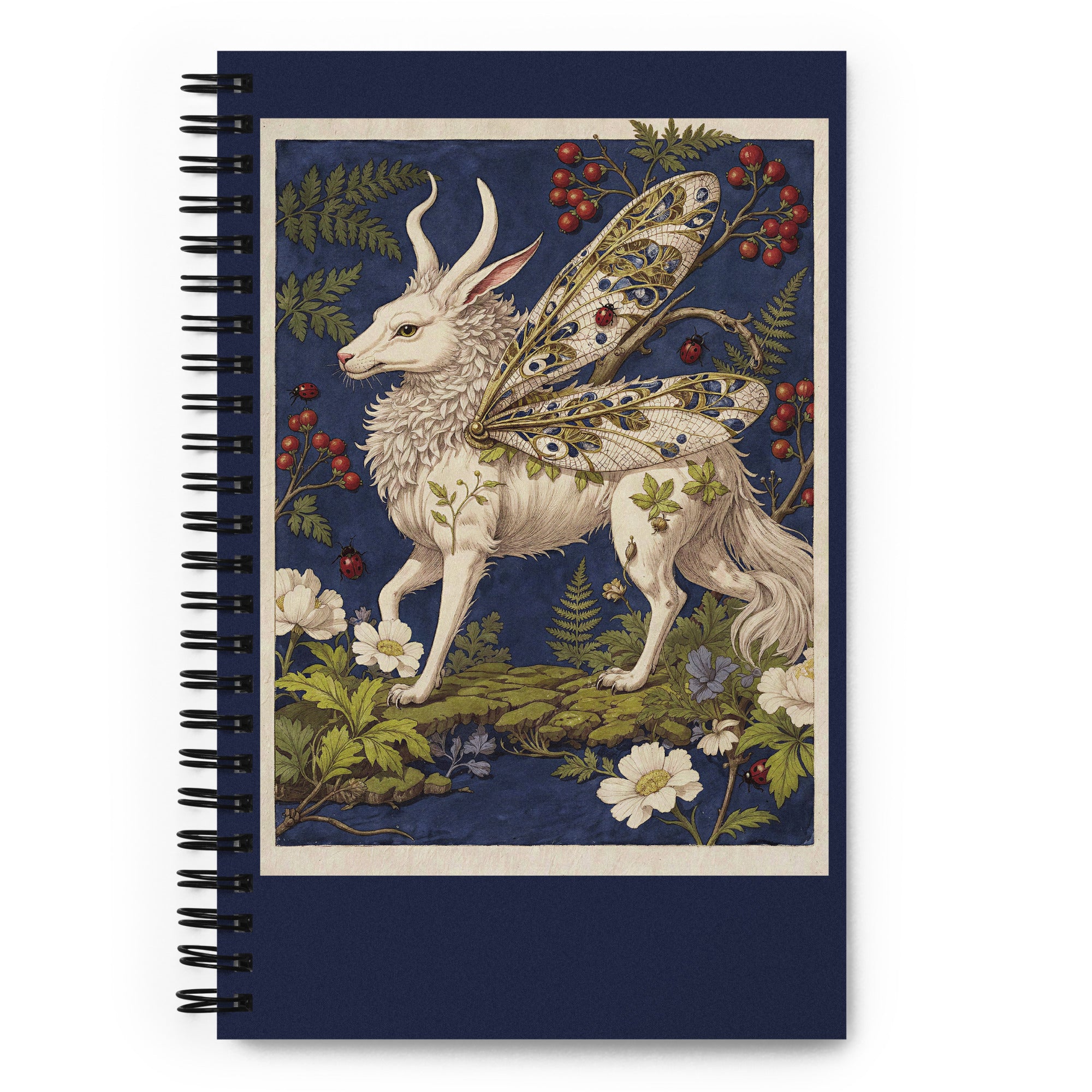 Carnet format A5 couverture illustrée haut de gamme Mzelle Design, motif original chimère animal fabuleux style naturaliste, effet aquarelle, fleurs et coccinelles.