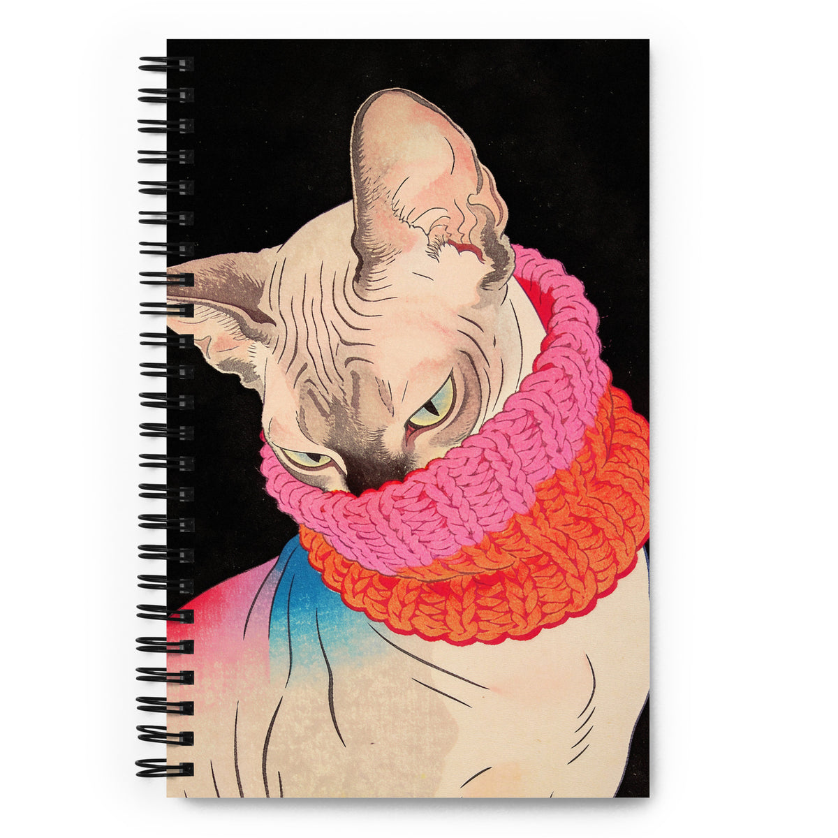 Carnet A5 à spirale, 140 pages pointillées, Couverture motif Chat Mzelle design style ukiyo-e japonais.
