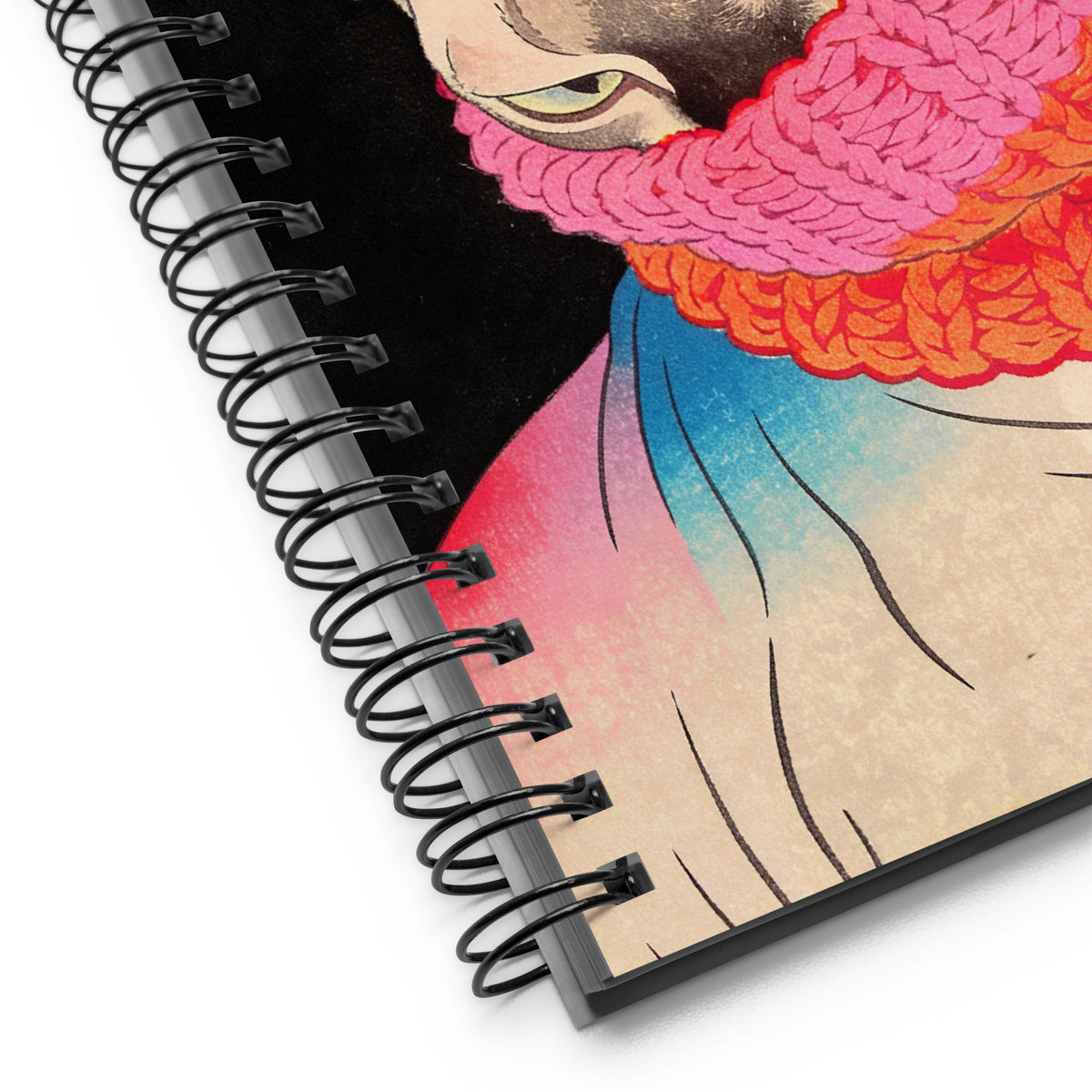 Carnet A5 à spirale, 140 pages pointillées, Couverture motif Chat Mzelle design style ukiyo-e japonais.