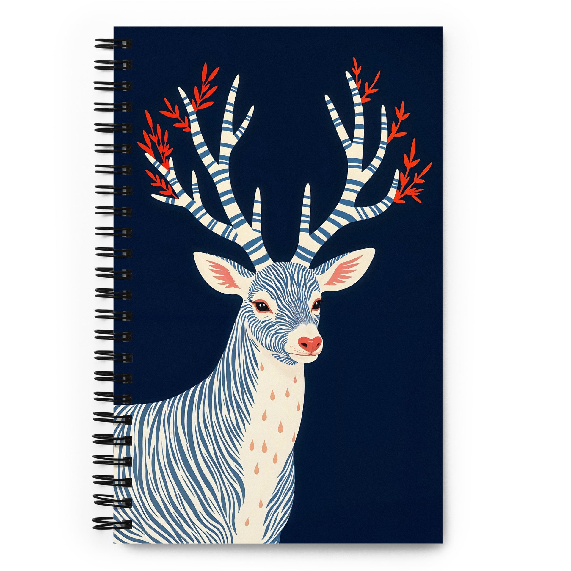 Carnet à spirale A5 MZelle Design Motif illustré moderne des cerfs mignons recto et verso sur un fond uni bleu marine
