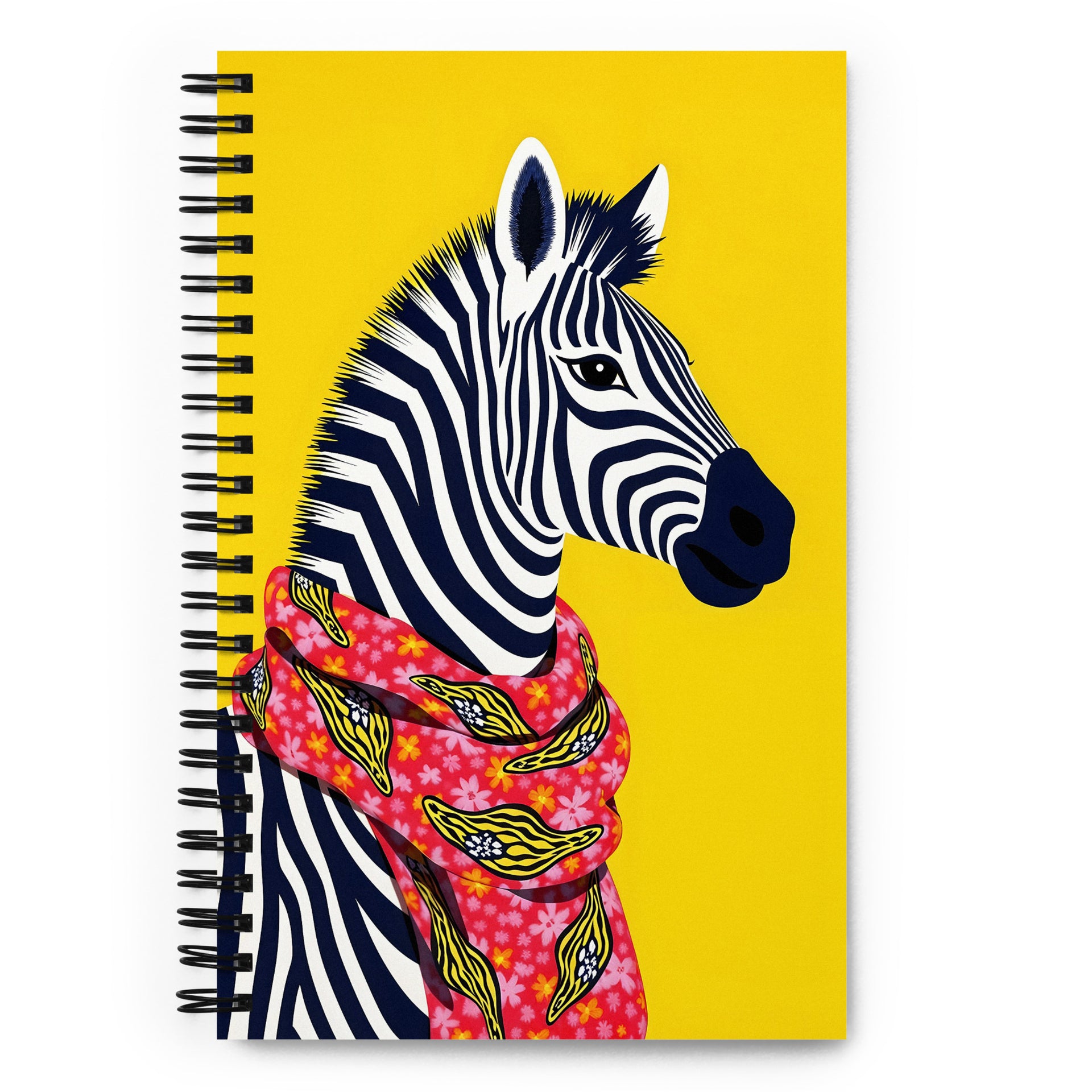 Carnet à spirale A5 MZelle Design couverture illustrée moderne, des zèbres graphiques avec une écharpe, recto et verso sur un fond uni jaune vif
